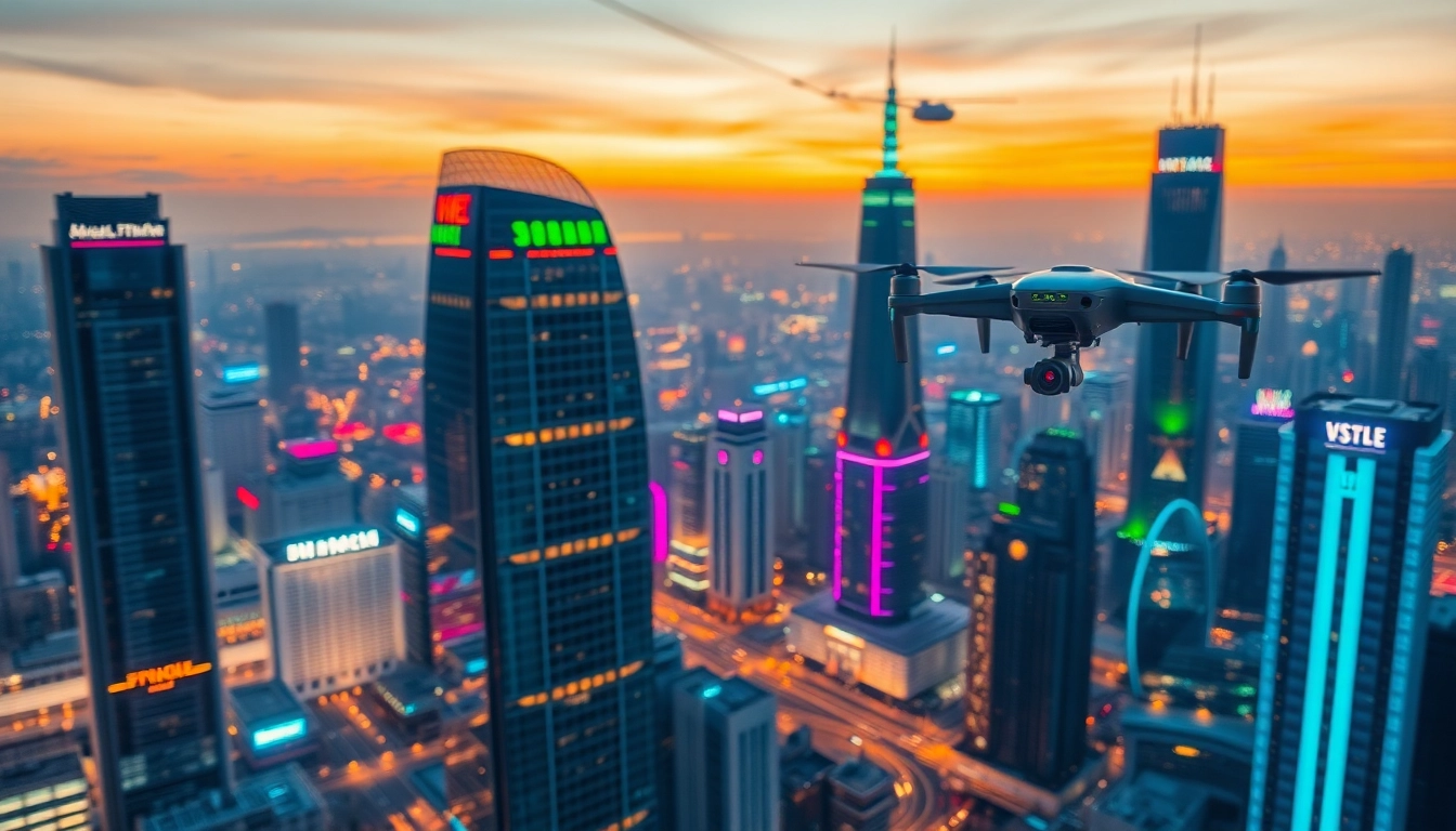 Showcasing technology advancements in a vibrant cityscape with solar panels and flying drones.
