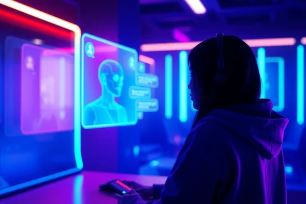 Futuristic AI chat interface with glowing colors.