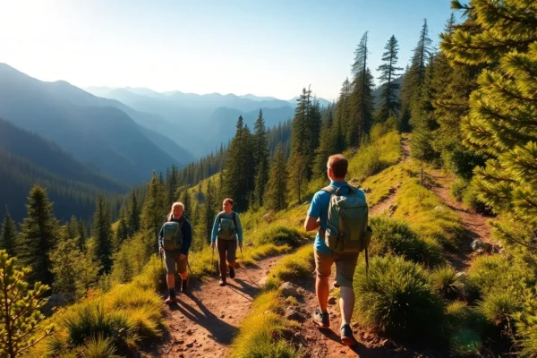 Hikers enjoying a scenic mountain hike, showcasing outdoor adventure with lush greenery and rugged trails.