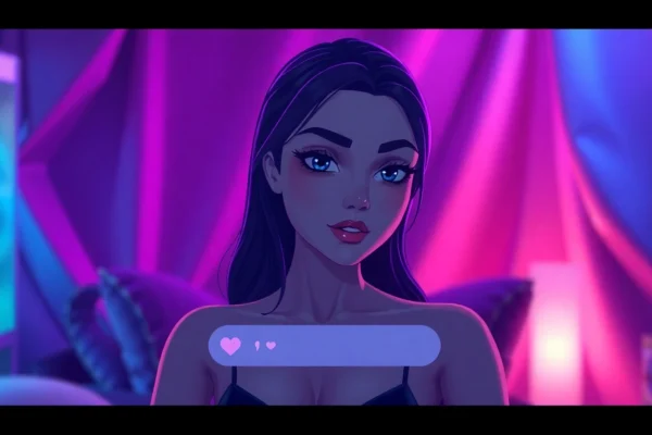 Futuristic adult AI chat scene with a seductive female character and vibrant neon interface.