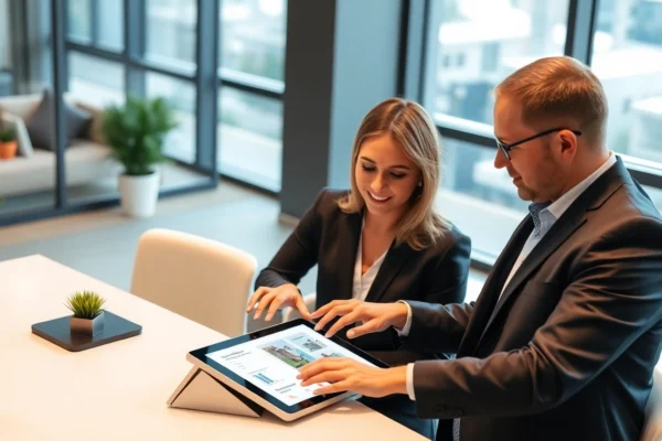Real estate transaction management in action: agents collaborating digitally on property deals with streamlined tools and data visualization.