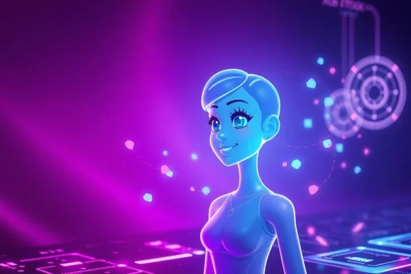 Futuristic AI chatbot with a romantic glow, digital environment with holographic elements