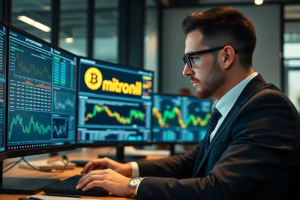 Microstrategy CEO reviewing Bitcoin investment strategy in a high-tech office setting