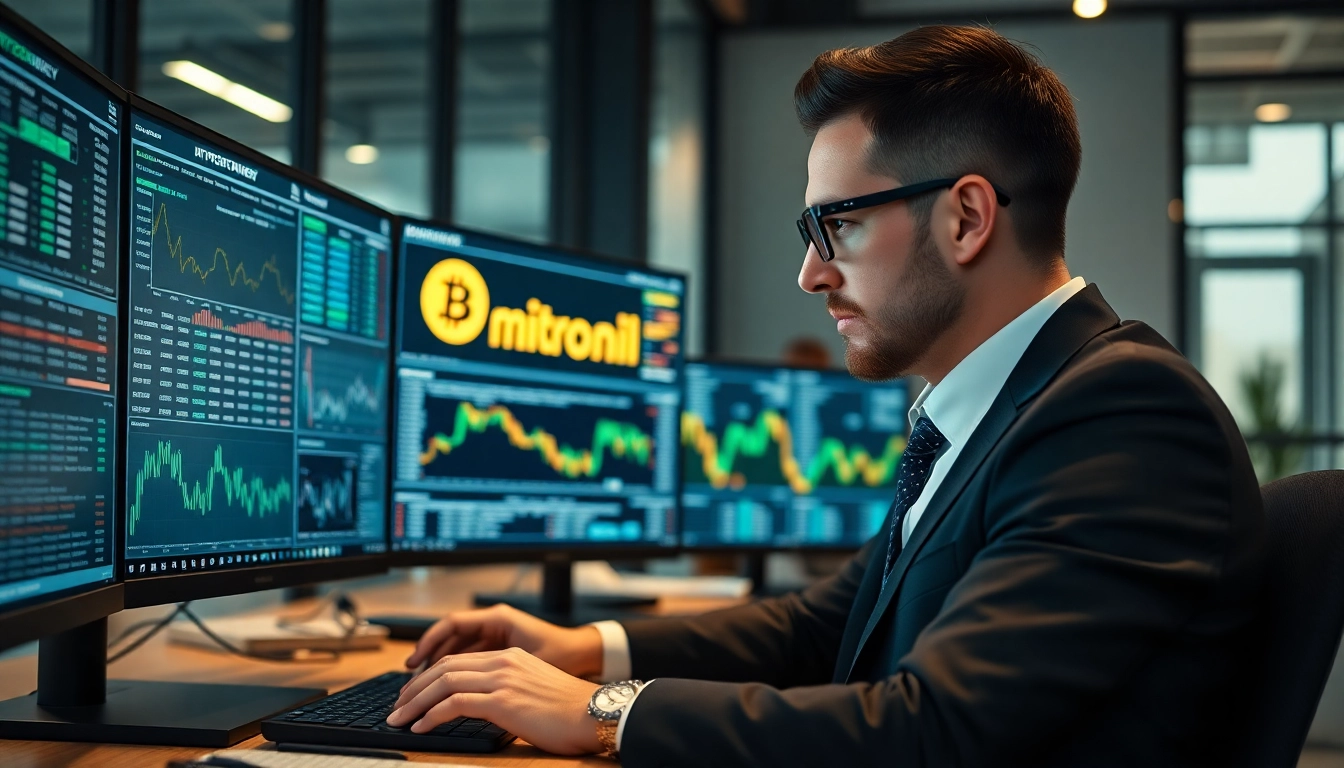 Microstrategy CEO reviewing Bitcoin investment strategy in a high-tech office setting