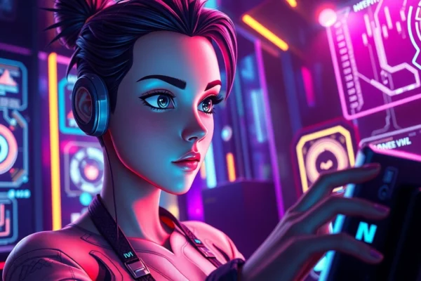 Futuristic digital art of a hyper-realistic animated character interacting with advanced AI interfaces in a neon-lit cyber environment.