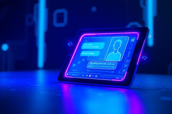 An illustration of a user engaging with a high-tech chatbot interface on a tablet, with glowing neon elements and holographic digital effects.