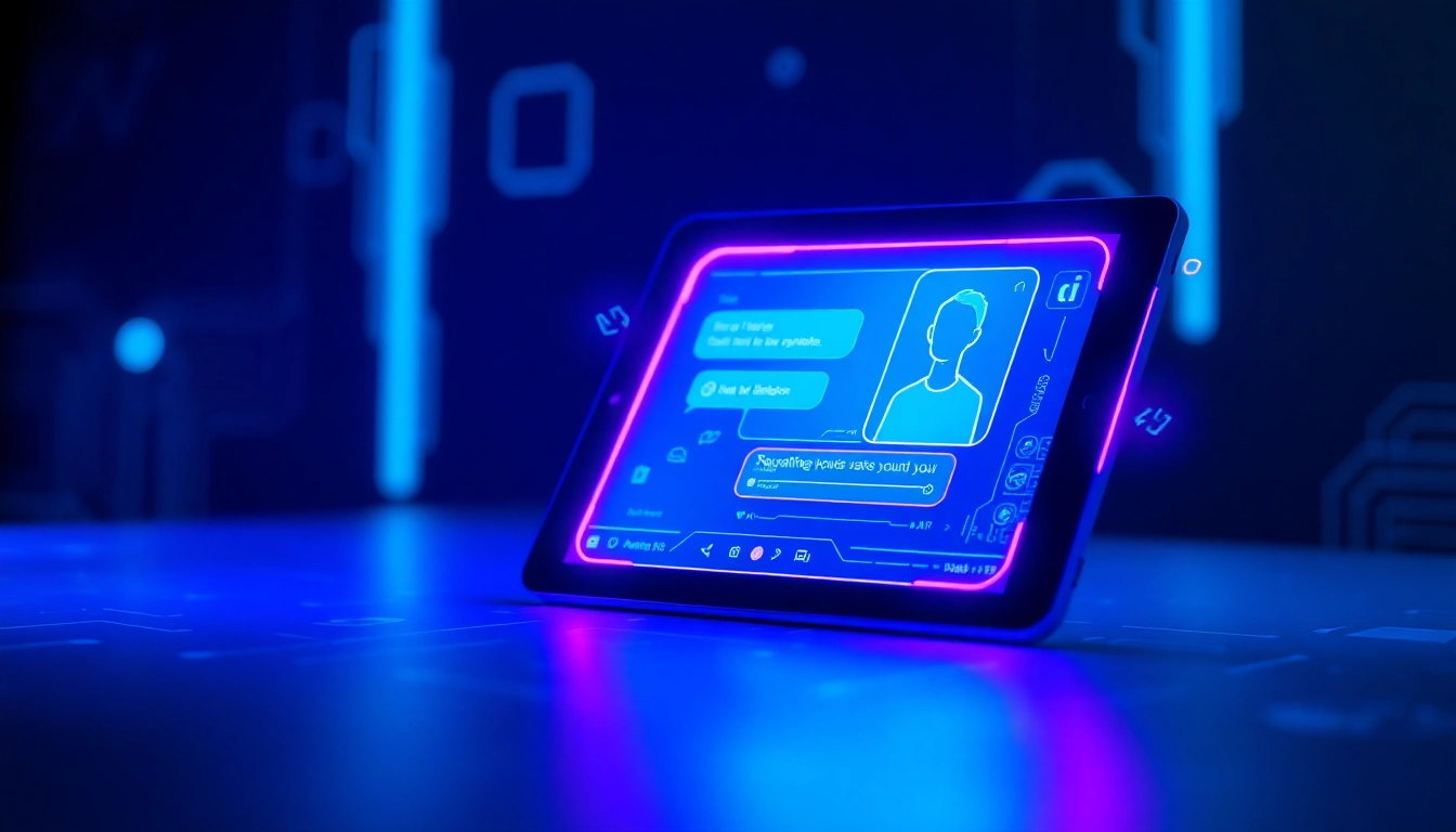 An illustration of a user engaging with a high-tech chatbot interface on a tablet, with glowing neon elements and holographic digital effects.