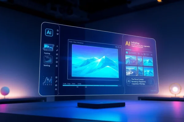 Futuristic AI interface showing advanced image editing with holographic displays in a sleek workspace.