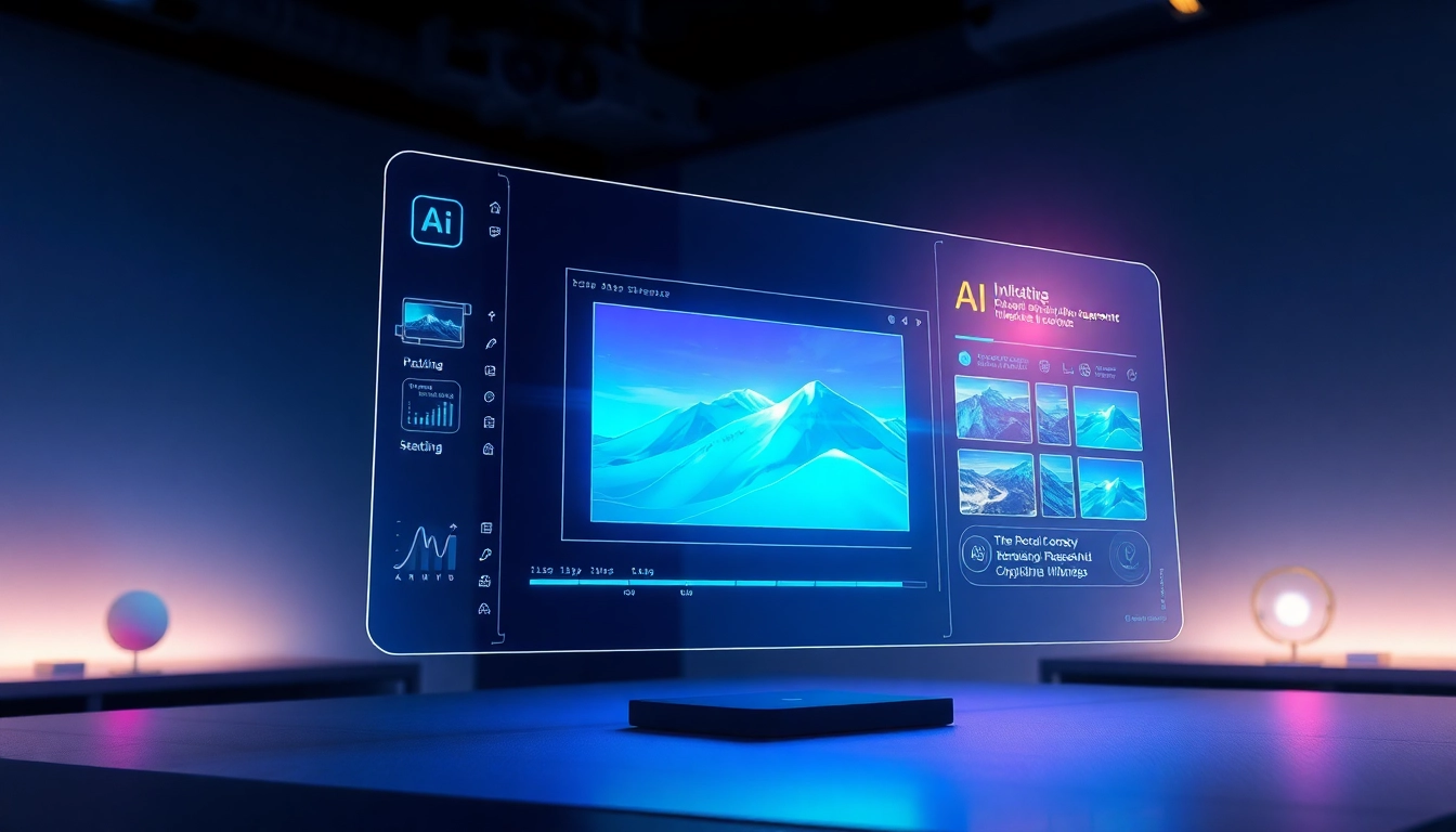 Futuristic AI interface showing advanced image editing with holographic displays in a sleek workspace.