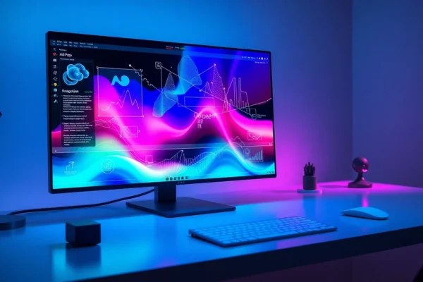 Futuristic digital workspace with holographic image editing interface and advanced AI elements.