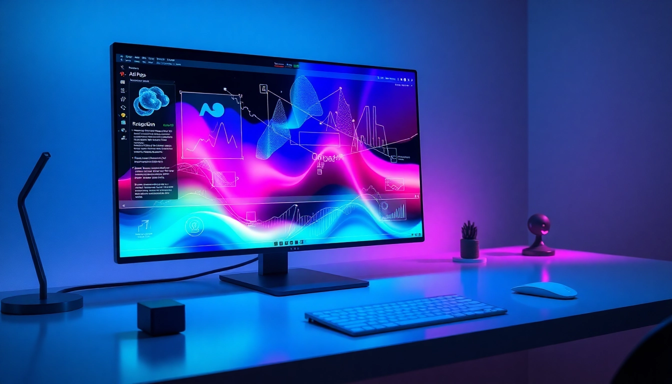 Futuristic digital workspace with holographic image editing interface and advanced AI elements.