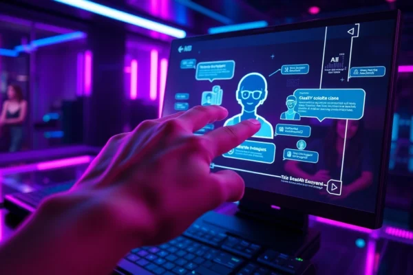 Futuristic AI chatbot interface with neon lighting and digital holograms in a cyberpunk setting.