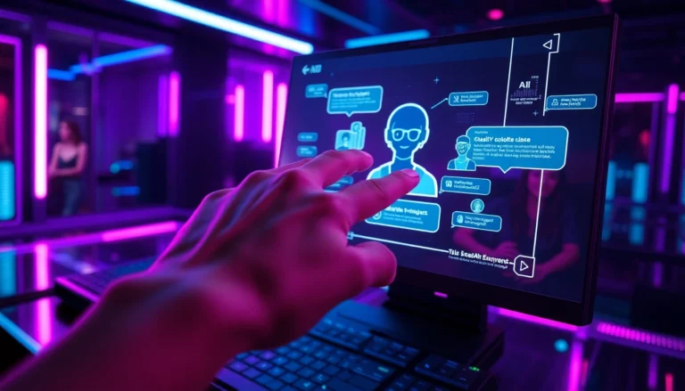 Futuristic AI chatbot interface with neon lighting and digital holograms in a cyberpunk setting.