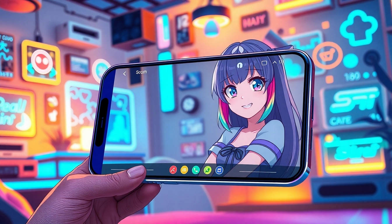 Anime-inspired female character interacting with a futuristic chat interface in a neon-lit room.