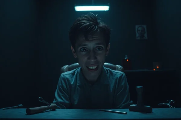 The Dark Morality of BLOODMONEY: How a Psychological Horror Clicker Challenges Your Conscience Harvey sitting in a dimly lit room, visibly distressed, with tools of violence nearby, creating a disturbing and tense atmosphere.