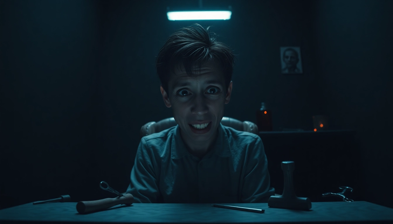 Harvey sitting in a dimly lit room, visibly distressed, with tools of violence nearby, creating a disturbing and tense atmosphere.