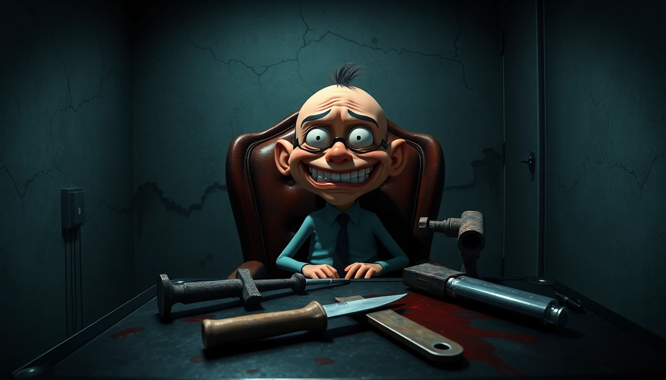 A disturbing scene of Harvey in distress with ominous tools and dark lighting, illustrating the psychological horror of BLOODMONEY.