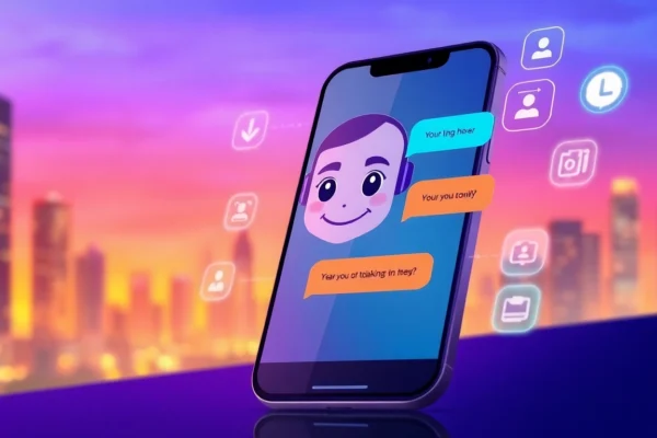Smartphone displaying an AI chat interface with a friendly AI character against a glowing cityscape at dusk.