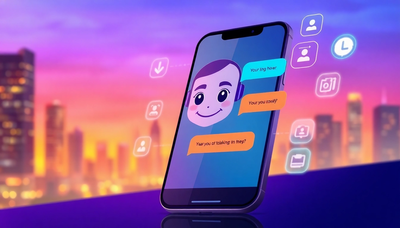 Smartphone displaying an AI chat interface with a friendly AI character against a glowing cityscape at dusk.