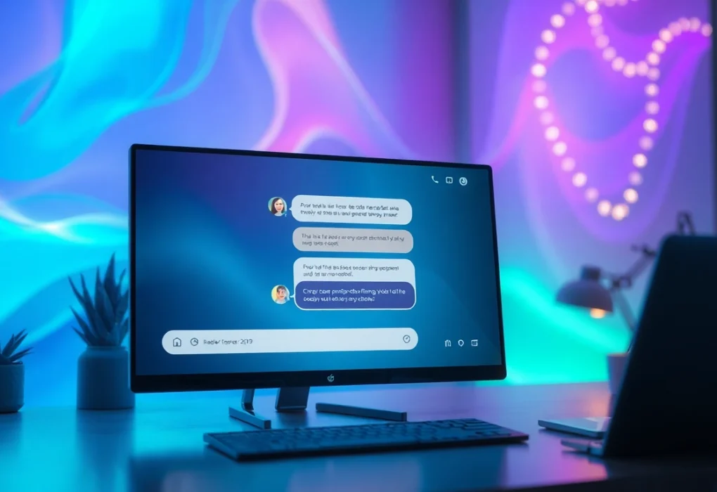 A futuristic digital chat interface showing an engaging conversation between a user and an AI character in a cozy, high-tech setting.