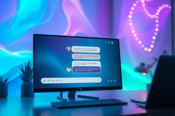 A futuristic digital chat interface showing an engaging conversation between a user and an AI character in a cozy, high-tech setting.