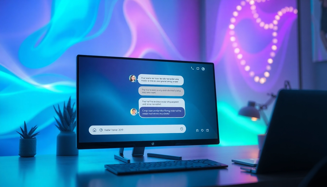 A futuristic digital chat interface showing an engaging conversation between a user and an AI character in a cozy, high-tech setting.