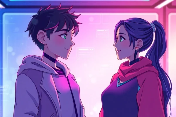 Digital illustration of two AI characters engaging in conversation in a futuristic virtual environment with glowing accents and holographic text bubbles.