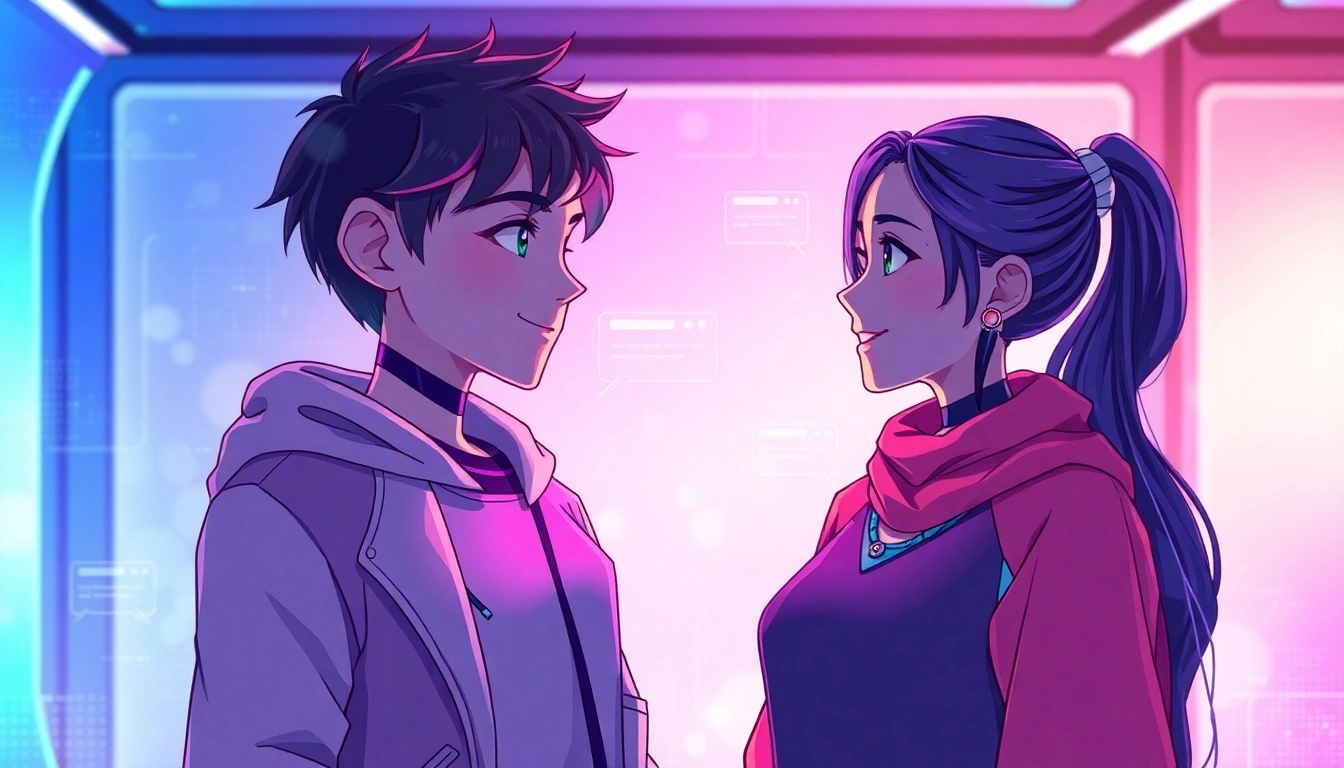 Digital illustration of two AI characters engaging in conversation in a futuristic virtual environment with glowing accents and holographic text bubbles.