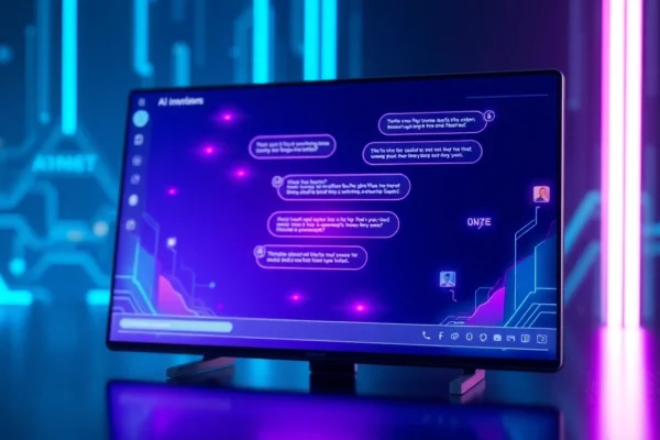 Futuristic digital chat interface with glowing text bubbles on a high-tech screen