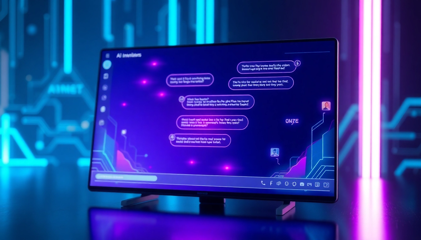Futuristic digital chat interface with glowing text bubbles on a high-tech screen
