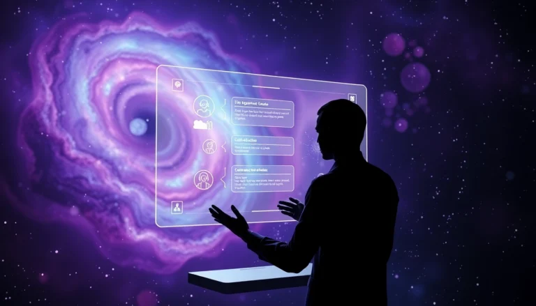 Futuristic space-themed AI chatbot interface with hologram and cosmic background