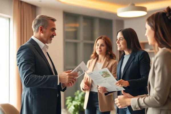 Immobilien Grevenbroich: Experienced agent guiding clients through property assessment in a sleek office environment.
