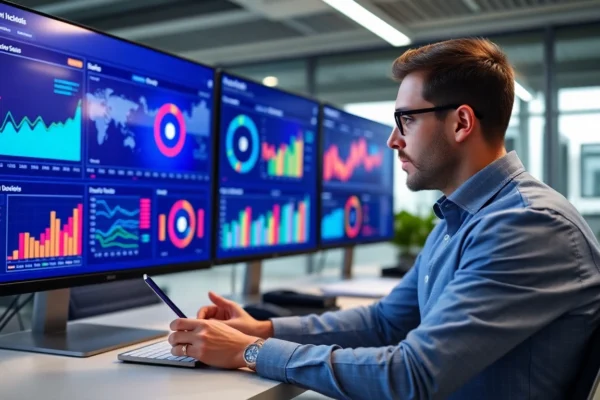 Microstrategy analyst analyzing advanced dashboards for business insights in a modern office