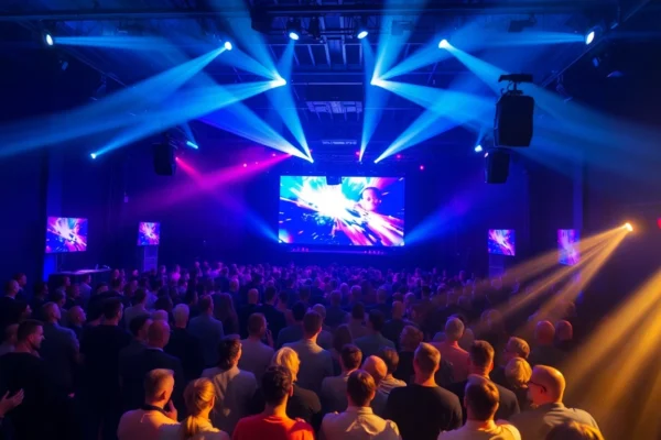 Professionelle Veranstaltungstechnik Köln in Aktion: hochwertige Licht- und Tontechnik bei einem Event, klare Bilder, kreatives Setup, moderne Technik, für beeindruckende Events in Köln.