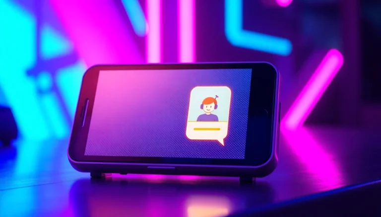 Close-up of a futuristic device displaying an AI chatbot conversation with neon-lit background.