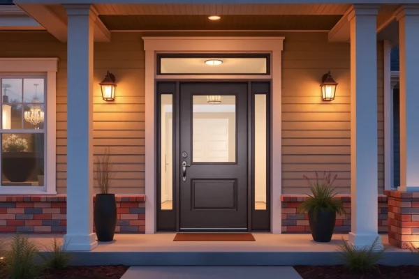 Front door replacement: modern exterior entry with glass panels and warm porch lighting.