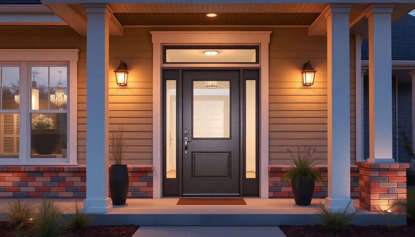 Front door replacement: modern exterior entry with glass panels and warm porch lighting.
