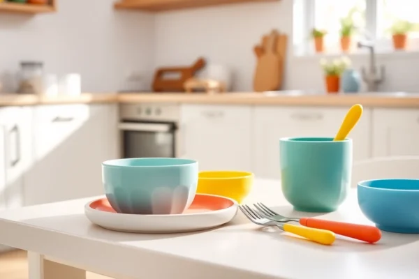 Child using safe silicone baby tableware with vibrant colors and smooth design for safe feeding