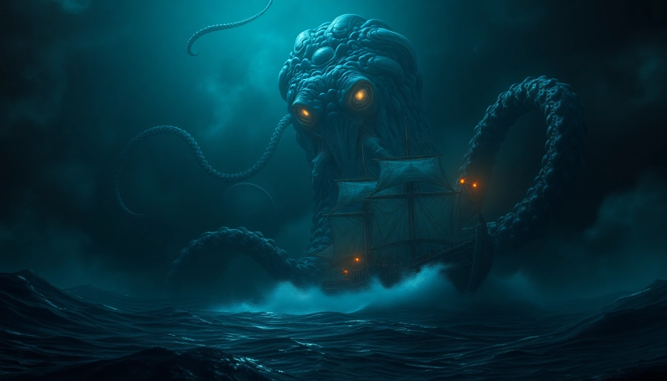 Ancient Scandinavian illustration of showing giant Kraken tentacles wrapping a ship
