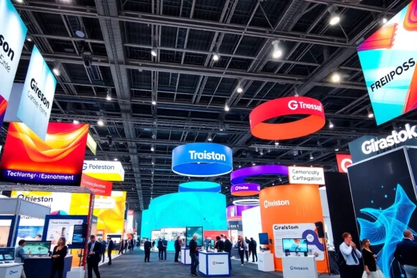 Vibrant tradeshow displays attracting visitors at a busy exhibition to boost brand visibility