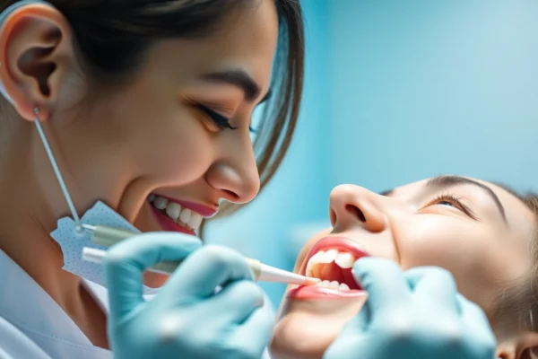Visually appealing scene of a friendly Ventura Bright Dental hygienist smiling while checking