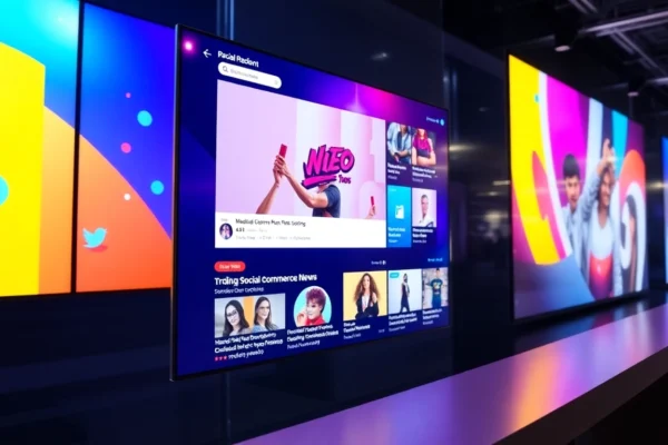People browsing social commerce news platforms on devices with vibrant visuals and engaging content