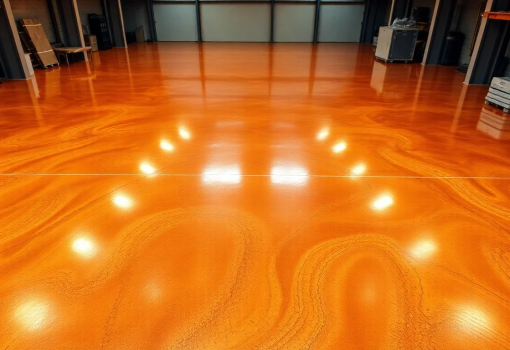 Professional epoxy resin floor being polished in a bright industrial space with a glossy,