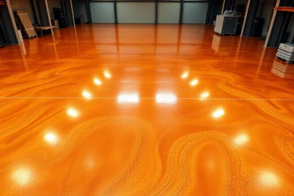 Professional epoxy resin floor being polished in a bright industrial space with a glossy,