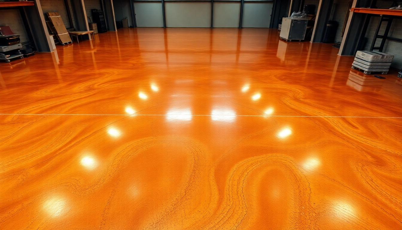 Professional epoxy resin floor being polished in a bright industrial space with a glossy,