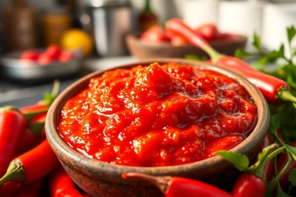 Authentic red chilli paste being prepared with fresh ingredients to enhance flavor and spice levels
