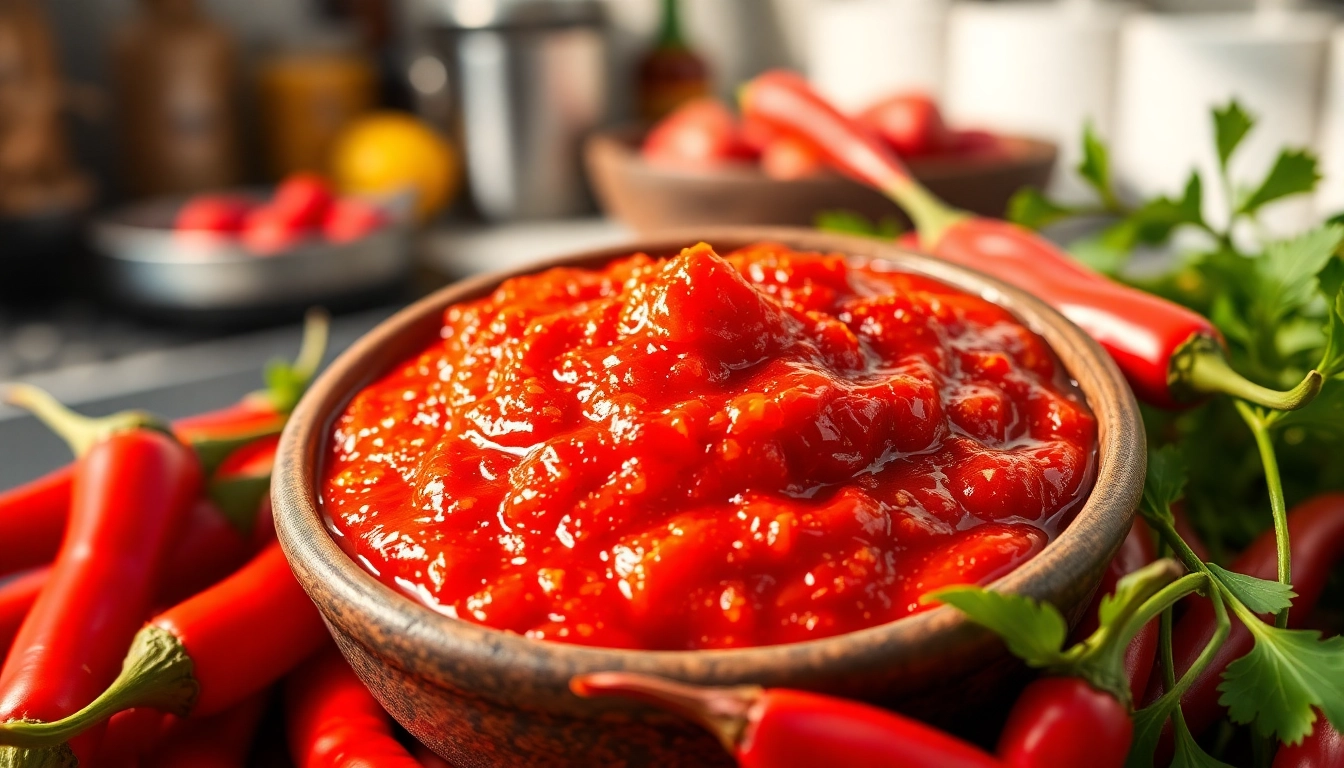 Authentic red chilli paste being prepared with fresh ingredients to enhance flavor and spice levels