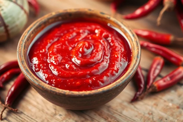 High-quality red chilli paste in a bowl with dried chilies, showcasing its vibrant color and
