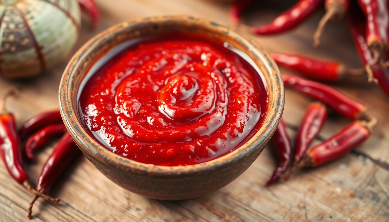 High-quality red chilli paste in a bowl with dried chilies, showcasing its vibrant color and